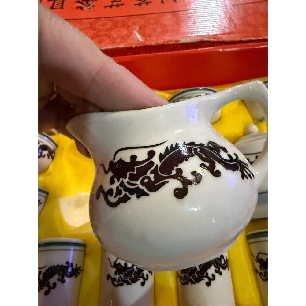 Vintage Color Changing White & Black Dragon Porcelain Tea Set With Original Box
